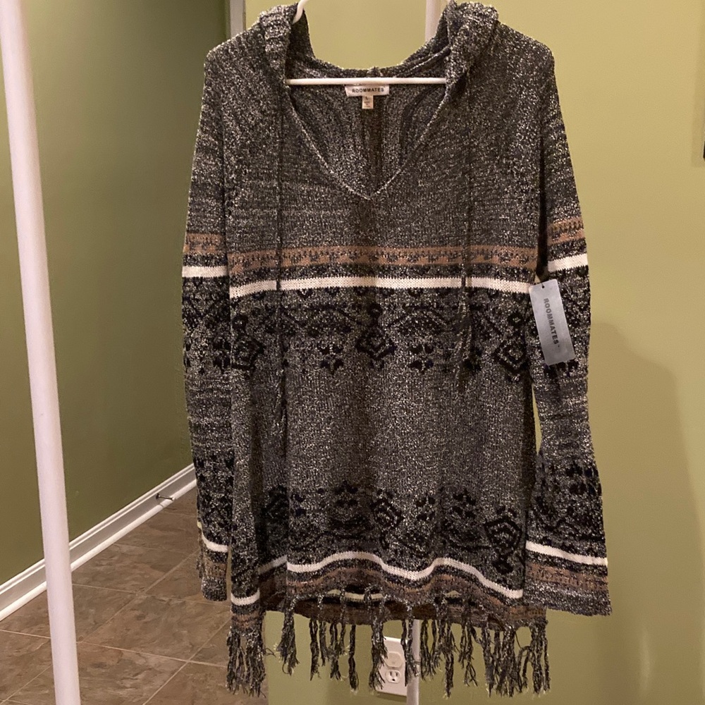 Roommates Black and Brown Hooded Sweater with Fringe